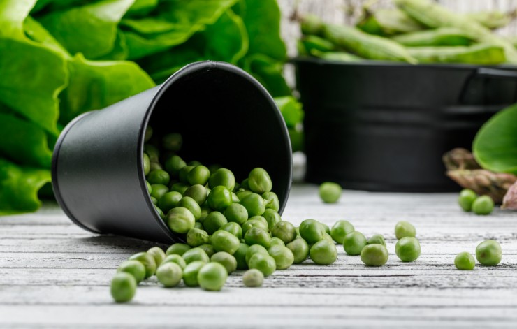 scattered-peas-from-bucket-with-asparagus-bok-choy-lettuce-green-pods-side-view-wooden-wall
