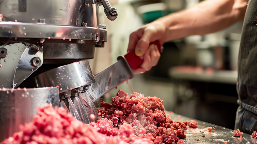 closeup-image-person-using-meat-grinder-grind-beef-meat-is-being-pushed-out-grinder-into-large-bowl