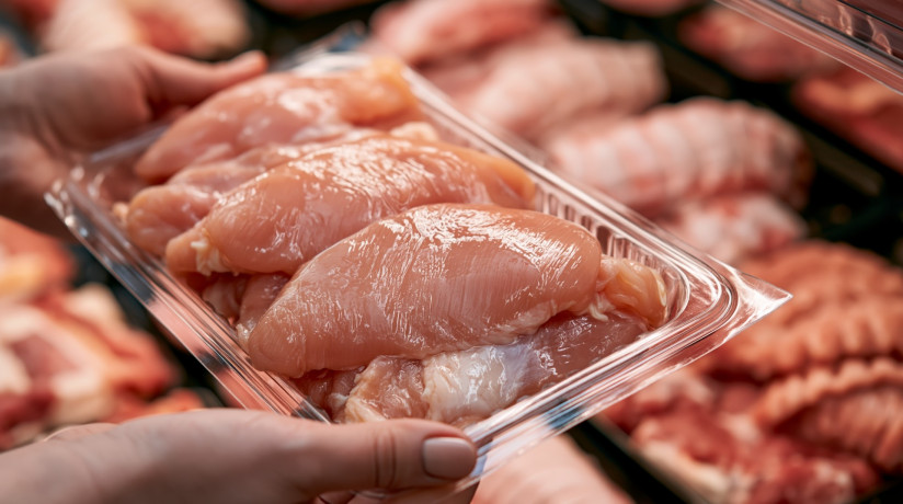 person-holding-packaged-raw-chicken-breast-supermarket-aisle-while-shopping-fresh-poultry-various-meat-products-generative-ai