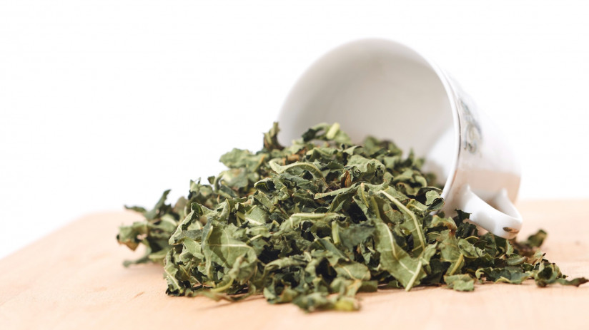 caska-s-suhimi-cainymi-list-ami-na-doske-dla-rezki-na-belom-fone